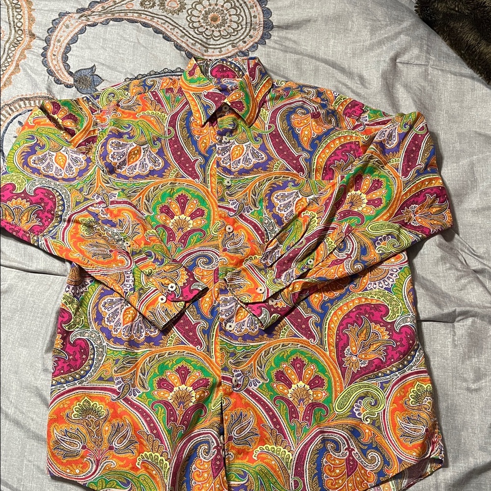 Alan Flusser Paisley long sleeve button down shirtin Purple, Orange, Green, Blue - Picture 4 of 5